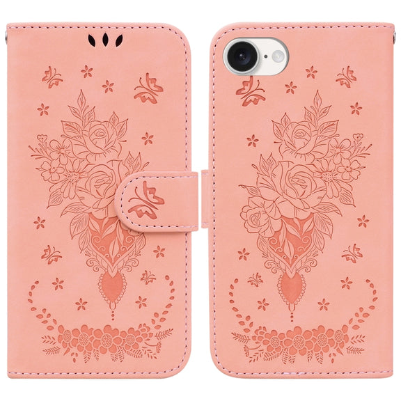 For iPhone 16e Butterfly Rose Embossed Leather Phone Case(Pink)