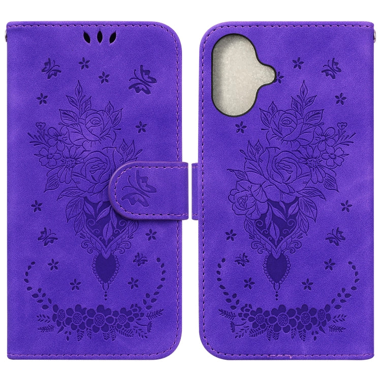 For iPhone 16 Butterfly Rose Embossed Leather Phone Case(Purple) - iPhone 16 Cases by PMC TechLife | Online Shopping South Africa | PMC TechLife | Buy Now Pay Later Mobicred
