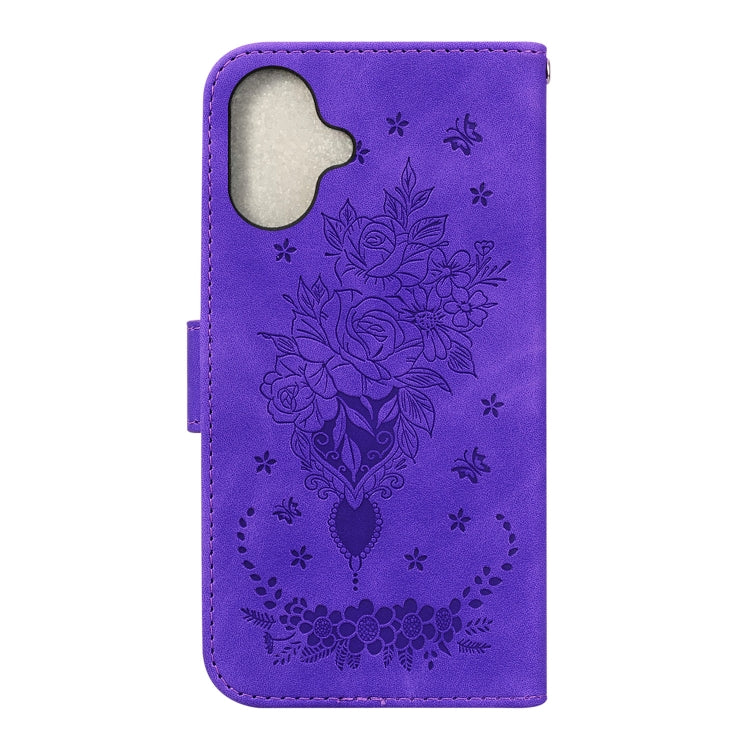 For iPhone 16 Butterfly Rose Embossed Leather Phone Case(Purple) - iPhone 16 Cases by PMC TechLife | Online Shopping South Africa | PMC TechLife | Buy Now Pay Later Mobicred