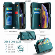 For iPhone XS / X CaseMe C36 Card Slots Zipper Wallet RFID Anti-theft Leather Phone Case(Blue-green)