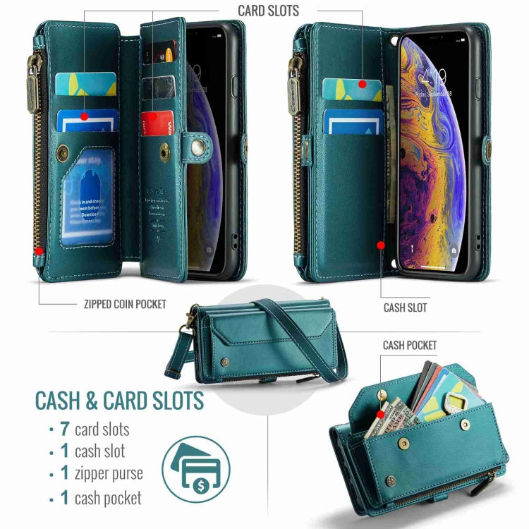For iPhone XS / X CaseMe C36 Card Slots Zipper Wallet RFID Anti-theft Leather Phone Case(Blue-green)
