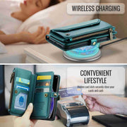 For iPhone XS / X CaseMe C36 Card Slots Zipper Wallet RFID Anti-theft Leather Phone Case(Blue-green)