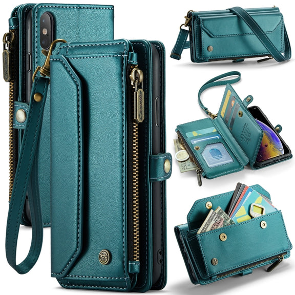 For iPhone XS / X CaseMe C36 Card Slots Zipper Wallet RFID Anti-theft Leather Phone Case(Blue-green)