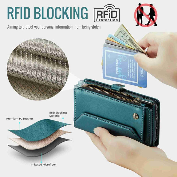 For iPhone XS / X CaseMe C36 Card Slots Zipper Wallet RFID Anti-theft Leather Phone Case(Blue-green)