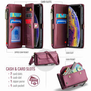 For iPhone XS / X CaseMe C36 Card Slots Zipper Wallet RFID Anti-theft Leather Phone Case(Wine Red)