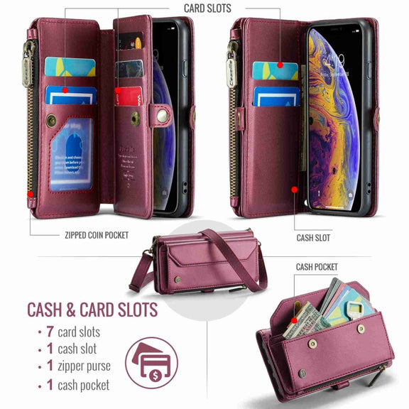 For iPhone XS / X CaseMe C36 Card Slots Zipper Wallet RFID Anti-theft Leather Phone Case(Wine Red)