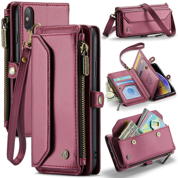 For iPhone XS / X CaseMe C36 Card Slots Zipper Wallet RFID Anti-theft Leather Phone Case(Wine Red)