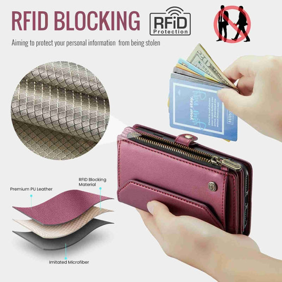 For iPhone XS / X CaseMe C36 Card Slots Zipper Wallet RFID Anti-theft Leather Phone Case(Wine Red)