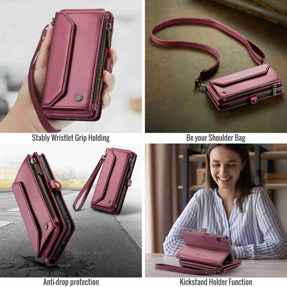 For iPhone XS / X CaseMe C36 Card Slots Zipper Wallet RFID Anti-theft Leather Phone Case(Wine Red)