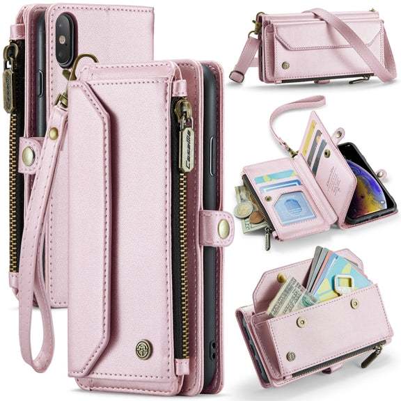 For iPhone XS / X CaseMe C36 Card Slots Zipper Wallet RFID Anti-theft Leather Phone Case(Pink)