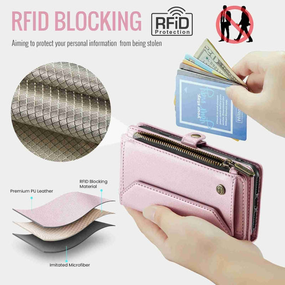 For iPhone XS / X CaseMe C36 Card Slots Zipper Wallet RFID Anti-theft Leather Phone Case(Pink)