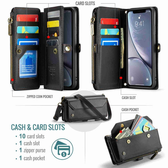 For iPhone XR CaseMe C36 Card Slots Zipper Wallet RFID Anti-theft Leather Phone Case(Black)
