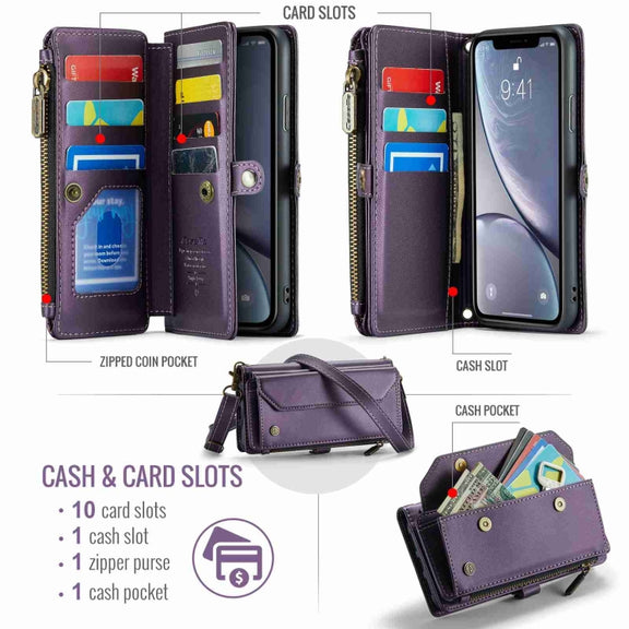 For iPhone XR CaseMe C36 Card Slots Zipper Wallet RFID Anti-theft Leather Phone Case(Purple)