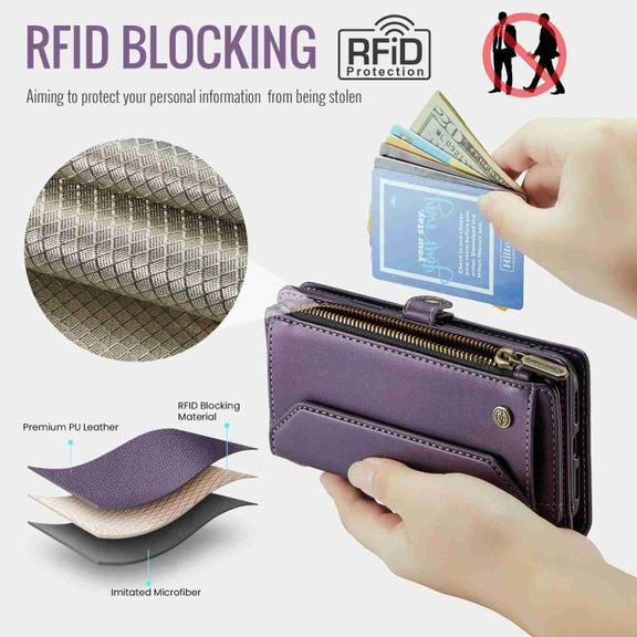 For iPhone XR CaseMe C36 Card Slots Zipper Wallet RFID Anti-theft Leather Phone Case(Purple)