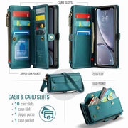 For iPhone XR CaseMe C36 Card Slots Zipper Wallet RFID Anti-theft Leather Phone Case(Blue-green)
