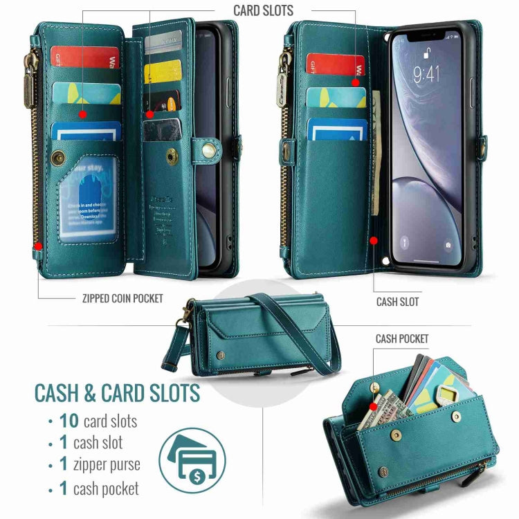 For iPhone XR CaseMe C36 Card Slots Zipper Wallet RFID Anti-theft Leather Phone Case(Blue-green)