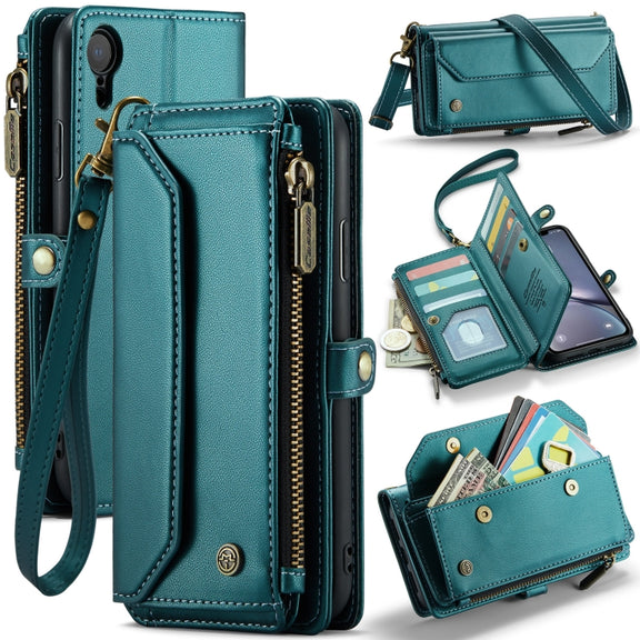 For iPhone XR CaseMe C36 Card Slots Zipper Wallet RFID Anti-theft Leather Phone Case(Blue-green)