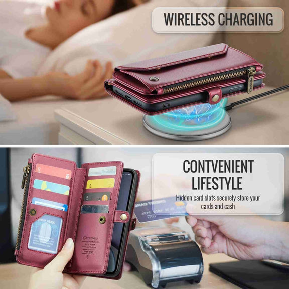 For iPhone XR CaseMe C36 Card Slots Zipper Wallet RFID Anti-theft Leather Phone Case(Wine Red)