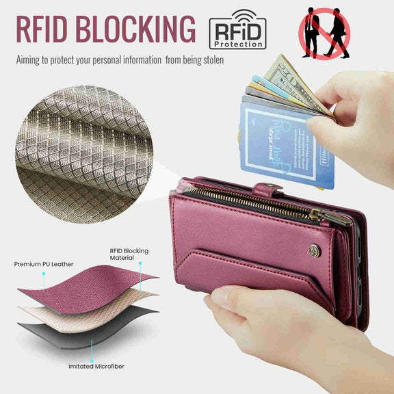 For iPhone XR CaseMe C36 Card Slots Zipper Wallet RFID Anti-theft Leather Phone Case(Wine Red)