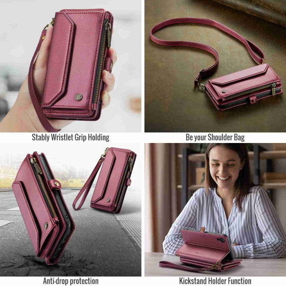 For iPhone XR CaseMe C36 Card Slots Zipper Wallet RFID Anti-theft Leather Phone Case(Wine Red)
