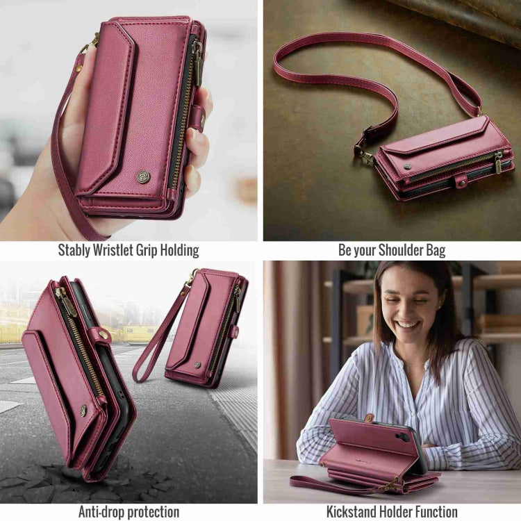 For iPhone XR CaseMe C36 Card Slots Zipper Wallet RFID Anti-theft Leather Phone Case(Wine Red)