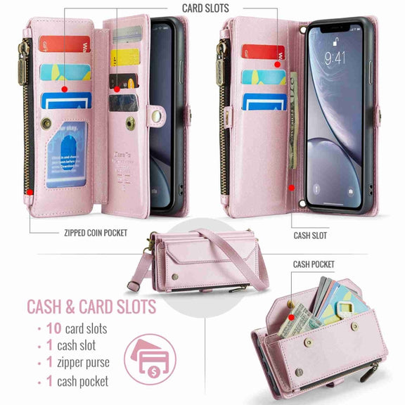 For iPhone XR CaseMe C36 Card Slots Zipper Wallet RFID Anti-theft Leather Phone Case(Pink)