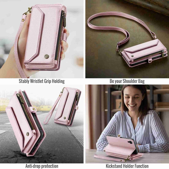 For iPhone XR CaseMe C36 Card Slots Zipper Wallet RFID Anti-theft Leather Phone Case(Pink)