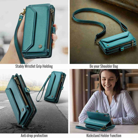For iPhone XS Max CaseMe C36 Card Slots Zipper Wallet RFID Anti-theft Leather Phone Case(Blue-green)