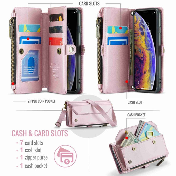 For iPhone XS Max CaseMe C36 Card Slots Zipper Wallet RFID Anti-theft Leather Phone Case(Pink)