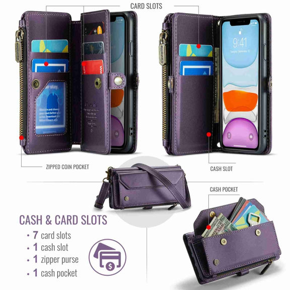 For iPhone 11 CaseMe C36 Card Slots Zipper Wallet RFID Anti-theft Leather Phone Case(Purple)
