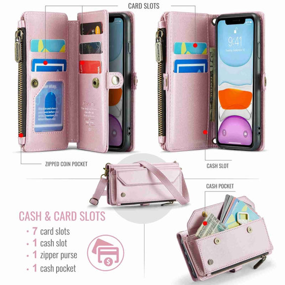 For iPhone 11 CaseMe C36 Card Slots Zipper Wallet RFID Anti-theft Leather Phone Case(Pink)