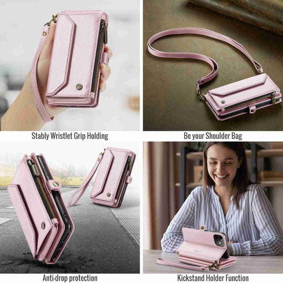 For iPhone 11 CaseMe C36 Card Slots Zipper Wallet RFID Anti-theft Leather Phone Case(Pink)