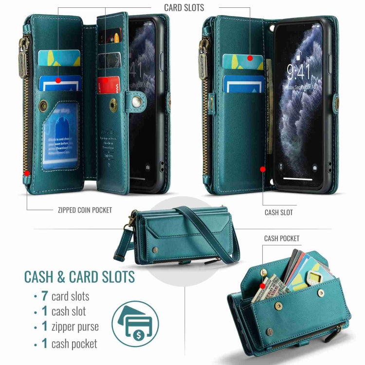 For iPhone 11 Pro CaseMe C36 Card Slots Zipper Wallet RFID Anti-theft Leather Phone Case(Blue-green)