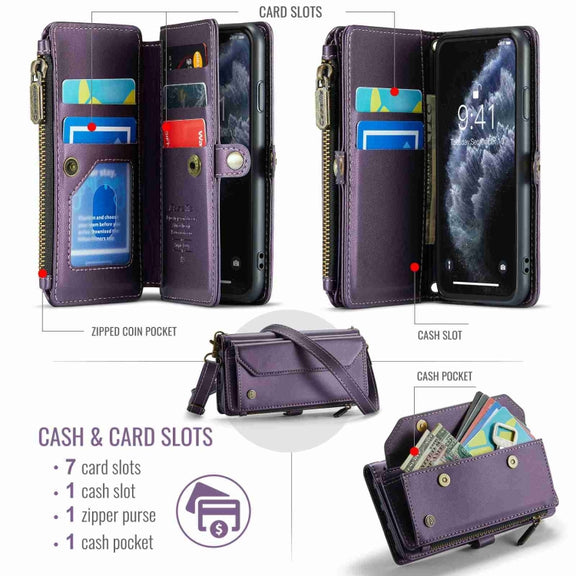 For iPhone 11 Pro Max CaseMe C36 Card Slots Zipper Wallet RFID Anti-theft Leather Phone Case(Purple)