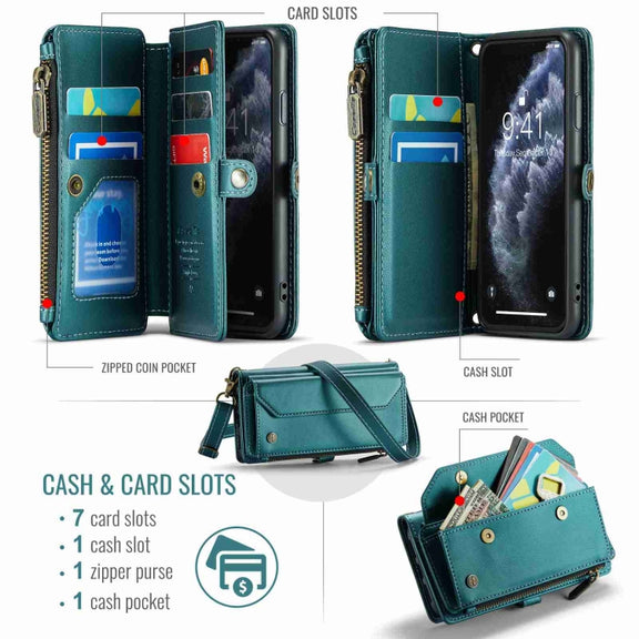 For iPhone 11 Pro Max CaseMe C36 Card Slots Zipper Wallet RFID Anti-theft Leather Phone Case(Blue-green)
