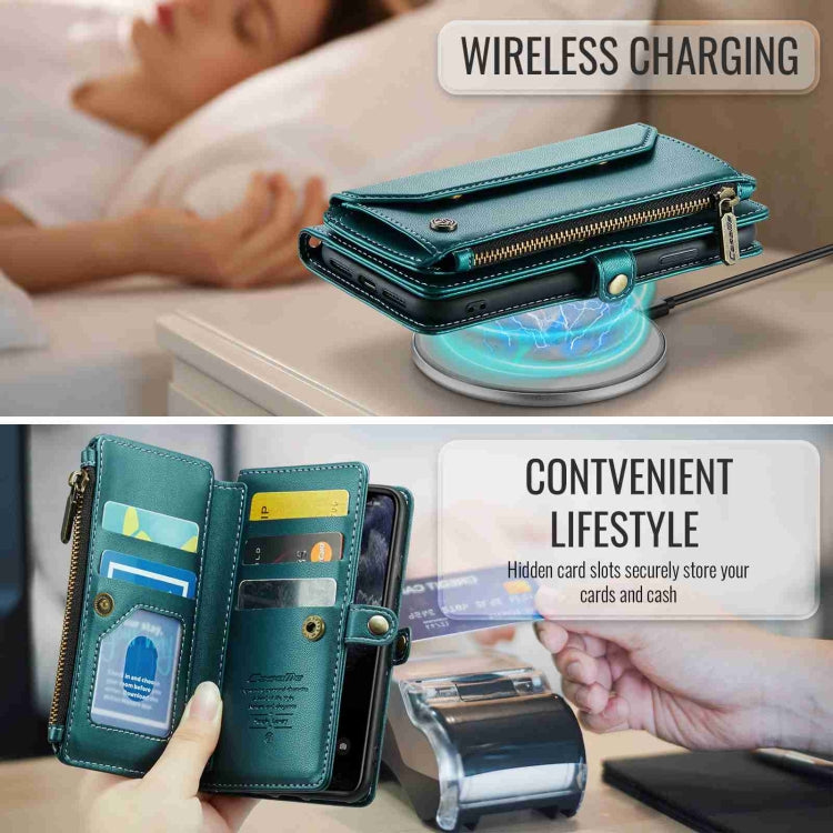 For iPhone 11 Pro Max CaseMe C36 Card Slots Zipper Wallet RFID Anti-theft Leather Phone Case(Blue-green)