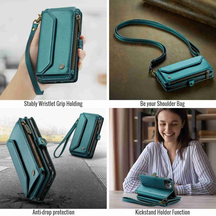 For iPhone 11 Pro Max CaseMe C36 Card Slots Zipper Wallet RFID Anti-theft Leather Phone Case(Blue-green)