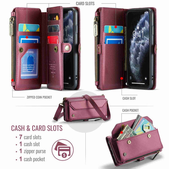 For iPhone 11 Pro Max CaseMe C36 Card Slots Zipper Wallet RFID Anti-theft Leather Phone Case(Wine Red)