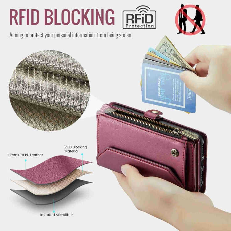 For iPhone 11 Pro Max CaseMe C36 Card Slots Zipper Wallet RFID Anti-theft Leather Phone Case(Wine Red)