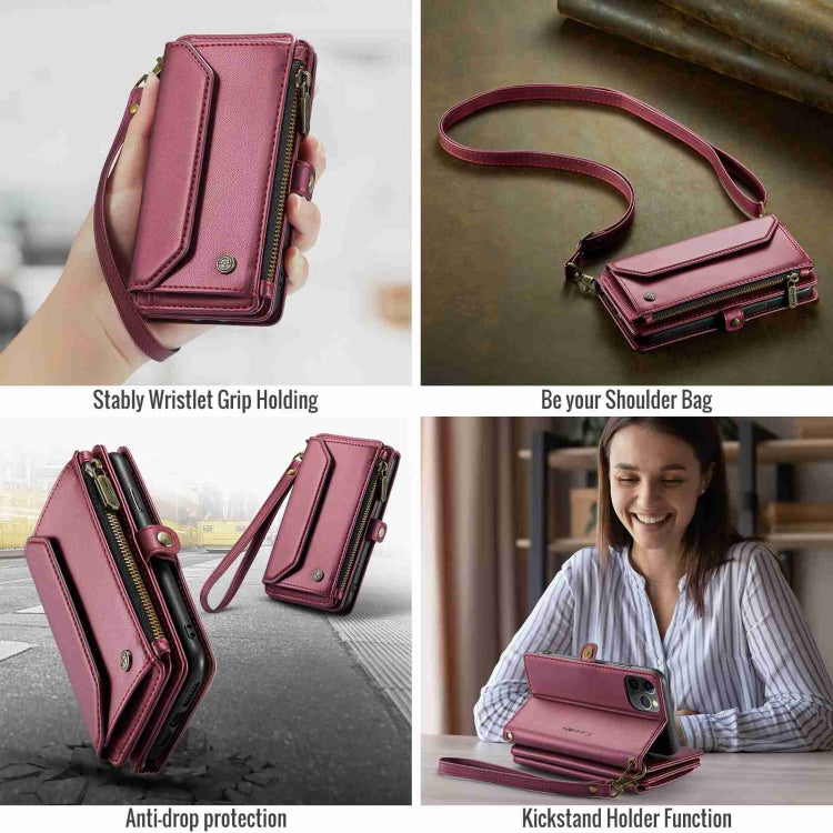 For iPhone 11 Pro Max CaseMe C36 Card Slots Zipper Wallet RFID Anti-theft Leather Phone Case(Wine Red)