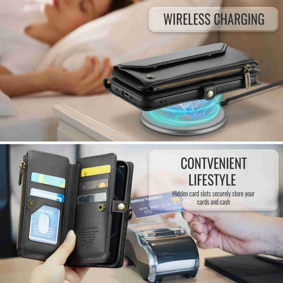 For iPhone 12 Pro CaseMe C36 Card Slots Zipper Wallet RFID Anti-theft Leather Phone Case(Black)
