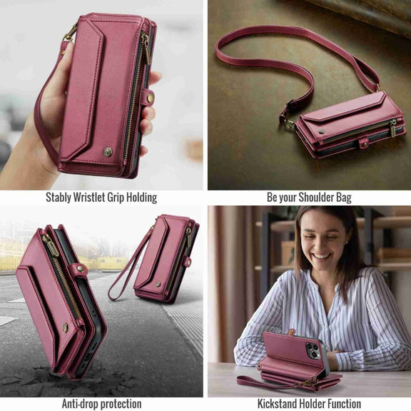 For iPhone 12 Pro CaseMe C36 Card Slots Zipper Wallet RFID Anti-theft Leather Phone Case(Wine Red)