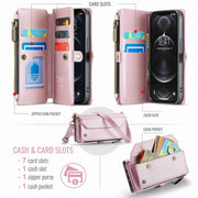 For iPhone 12 Pro CaseMe C36 Card Slots Zipper Wallet RFID Anti-theft Leather Phone Case(Pink)