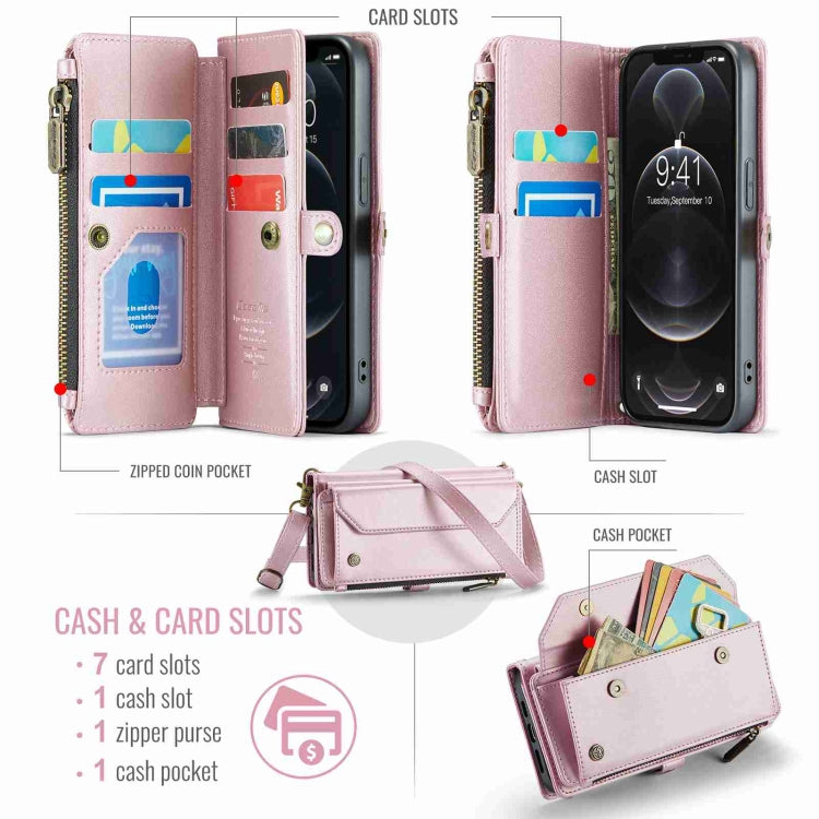 For iPhone 12 Pro CaseMe C36 Card Slots Zipper Wallet RFID Anti-theft Leather Phone Case(Pink)
