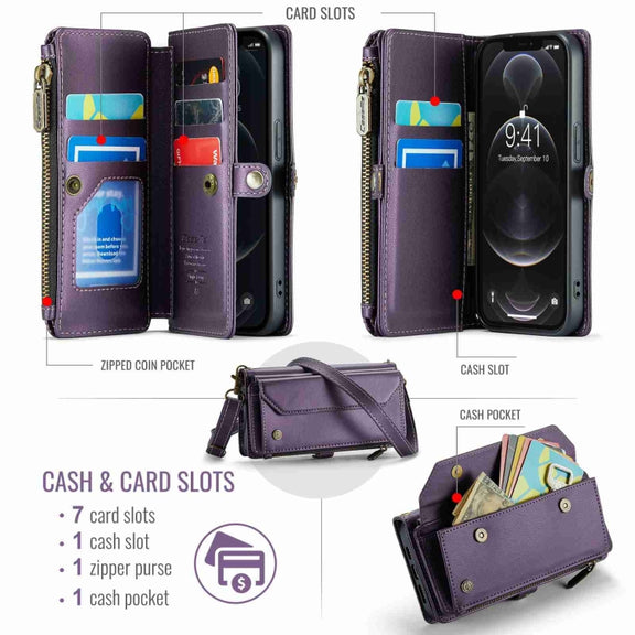For iPhone 12 Pro Max CaseMe C36 Card Slots Zipper Wallet RFID Anti-theft Leather Phone Case(Purple)