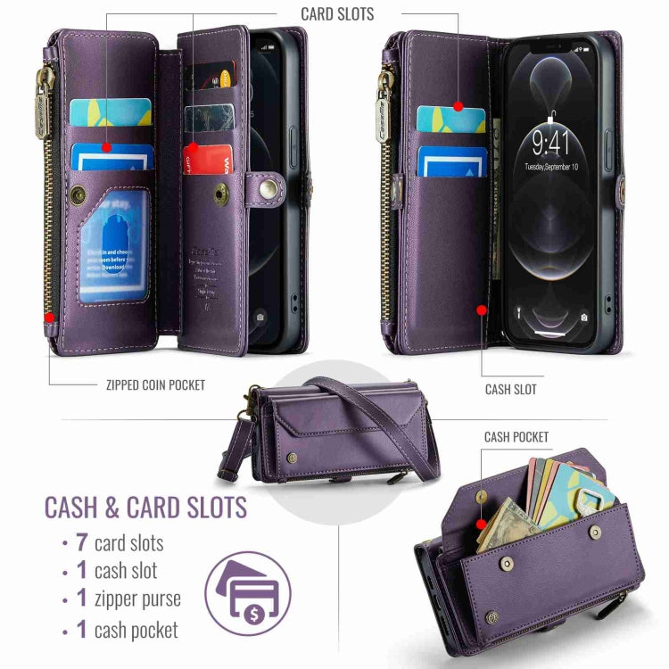 For iPhone 12 Pro Max CaseMe C36 Card Slots Zipper Wallet RFID Anti-theft Leather Phone Case(Purple)