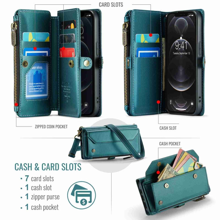For iPhone 12 Pro Max CaseMe C36 Card Slots Zipper Wallet RFID Anti-theft Leather Phone Case(Blue-green)