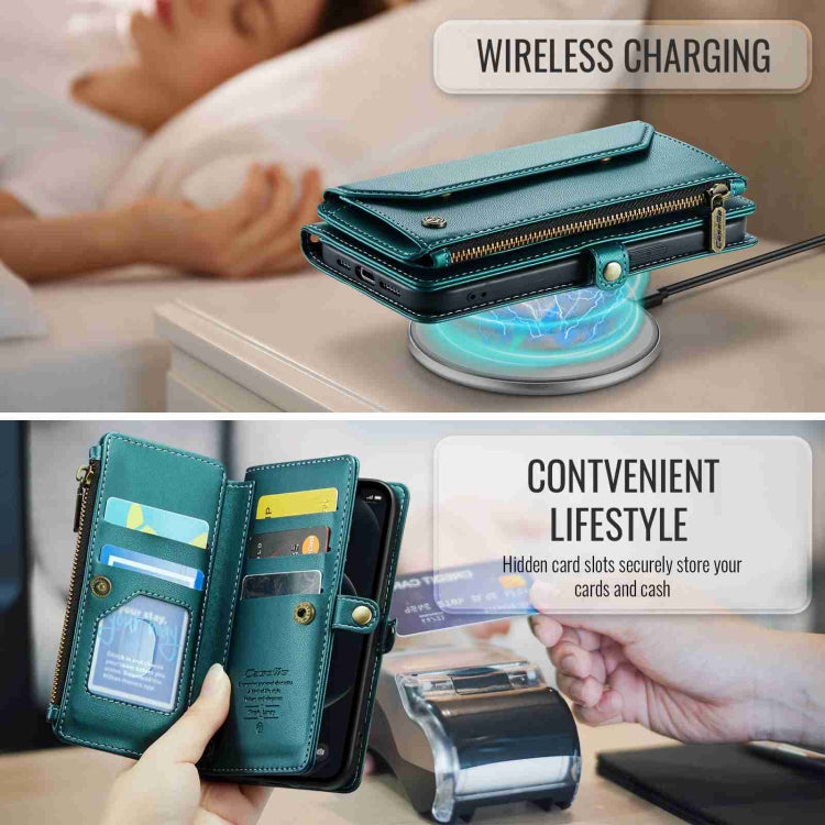 For iPhone 12 Pro Max CaseMe C36 Card Slots Zipper Wallet RFID Anti-theft Leather Phone Case(Blue-green)
