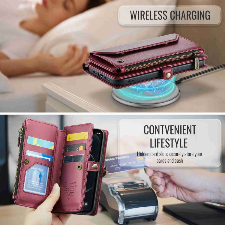 For iPhone 12 Pro Max CaseMe C36 Card Slots Zipper Wallet RFID Anti-theft Leather Phone Case(Wine Red)