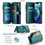 For iPhone 12 CaseMe C36 Card Slots Zipper Wallet RFID Anti-theft Leather Phone Case(Blue-green)